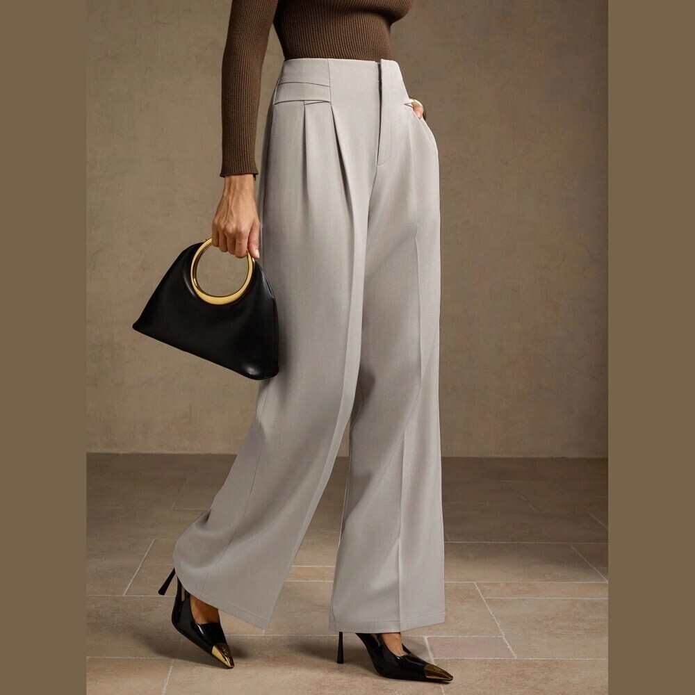 Gray Pleated High Waist Wide Leg Trousers
